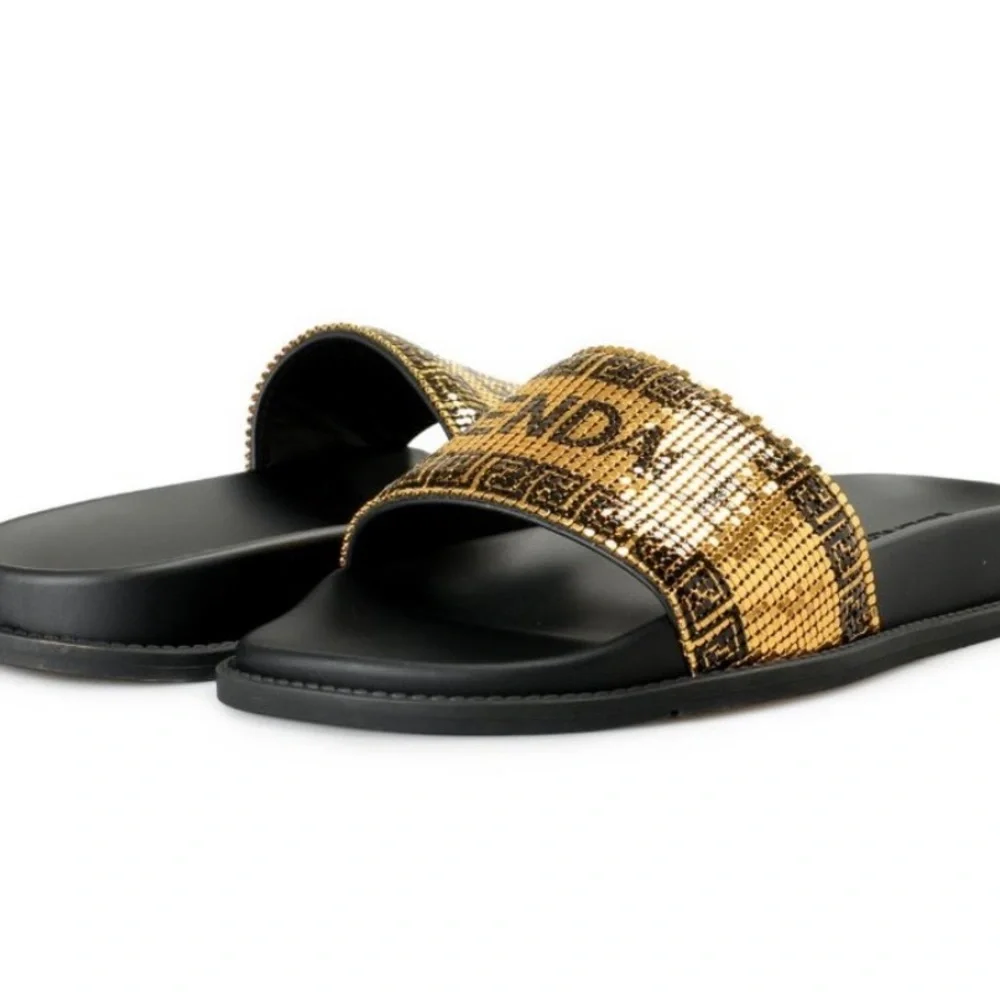 NWT FENDI NIB BLK/GOLD METAL MESH LOGO POOL SLIDES MADE IN ITALY 39EU 8.5 - Picture 7 of 14